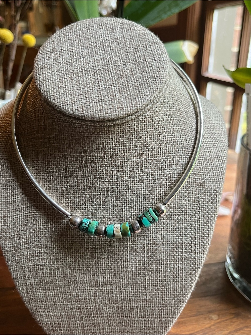 Vintage Handcrafted Sterling Silver Choker Necklace with Turquoise Beads!  💕